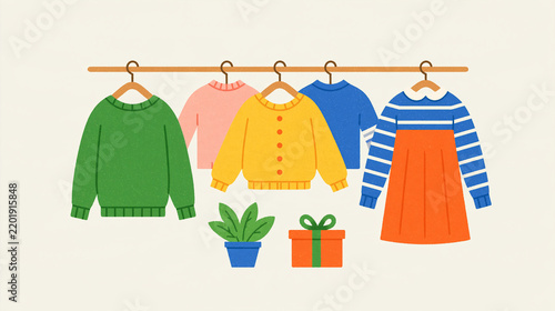 Clothing swap event concept hanging garment rack and gift box icon accents community sharing gathering design bright clean minimal background soft pastel color palette sustainable