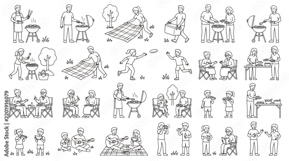 Obraz premium Vector Set of Summer Outdoor Activities Picnic and Barbecue Line Art Illustrations