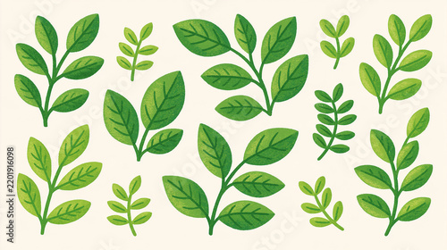 Botanical leaf pattern concept seamless arrangement of green leaf shapes and delicate stems organic nature texture bright clean minimal background soft green color palette botanical
