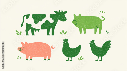 Farm animals icon concept cow pig and chicken silhouette symbols rustic barn accents bright clean minimal background soft green color palette farming technology icons livestock