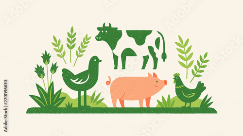 Farm animals concept cow pig and chicken silhouette icons on a rustic sign shape rural accents bright clean minimal background soft green color palette farming technology icons