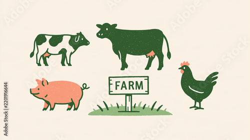 Farm animals concept cow pig and chicken silhouette icons on a rustic sign shape rural accents bright clean minimal background soft green color palette farming technology icons