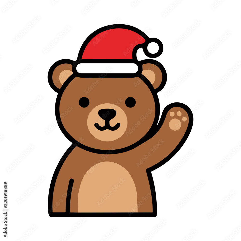 Obraz premium Cute Teddy Bear Wearing Santa Hat Waving Hello Christmas Greeting