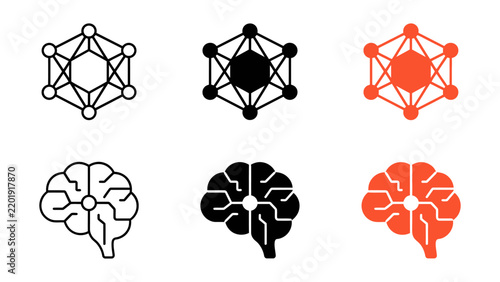 Set of artificial intelligence and machine learning icons featuring neural networks and brain symbols in outline, solid, and colored styles for technology and data science concepts