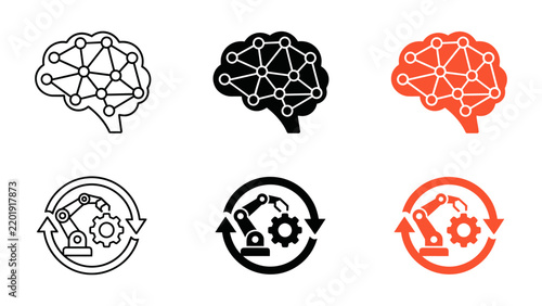 Set of ai and industrial automation icons featuring brain neural networks and robotic arm with gear in circular motion in outline, solid, and colored styles