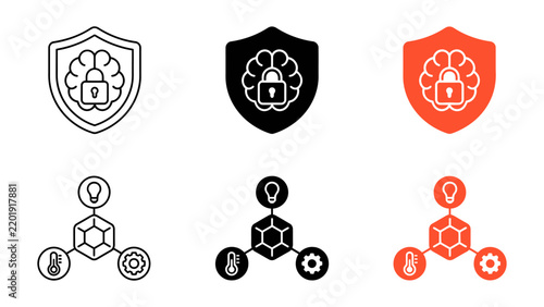 Set of security and iot technology icons including brain with padlock and sensor network symbols in outline, solid, and colored styles for cybersecurity and smart home concepts