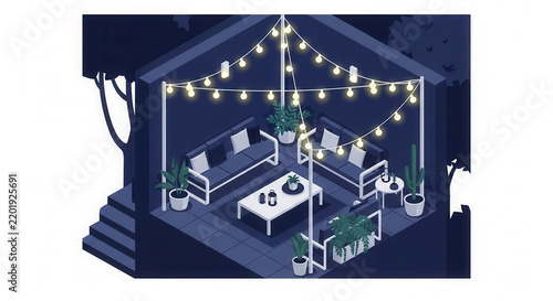 Cozy Outdoor Evening Patio Lounge With String Lights And Plants