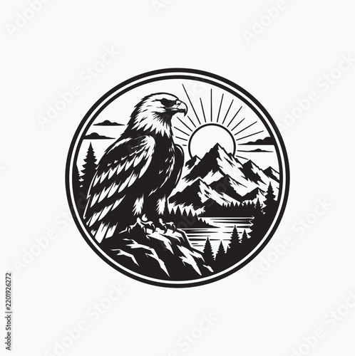 Bald Eagle Mountain Circle Badge Wildlife Logo Vector
