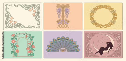 Art Nouveau Gala vector set with ornate floral frame, vintage typography, flowers, ornament, plant and decorative design elements for wedding invitation, poster, card, border or classic branding	
