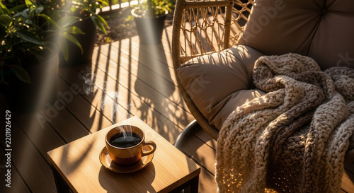 Cozy Morning Coffee On A Sunlit Balcony With Hanging Chair