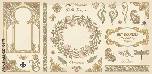 Art Nouveau vector collection on a transparent background with floral frame, iris ornament, decorative border and seamless pattern for invitation, card, textile, branding and vintage design
