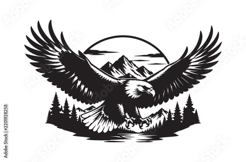 Flying Bald Eagle Mountain Wildlife Logo Vector Illustration