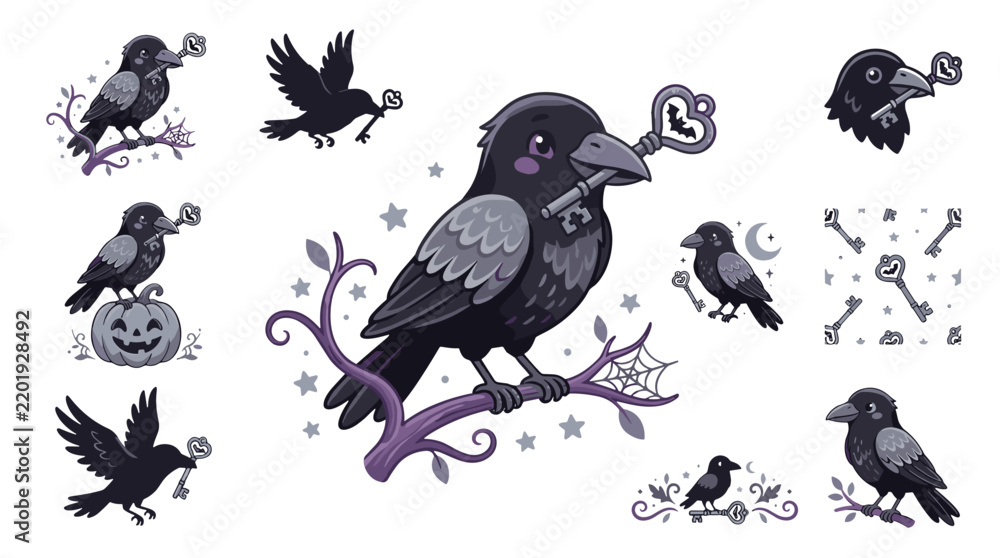Fototapeta premium Collection of spooky halloween black birds and bats with moon and pumpkin illustrations