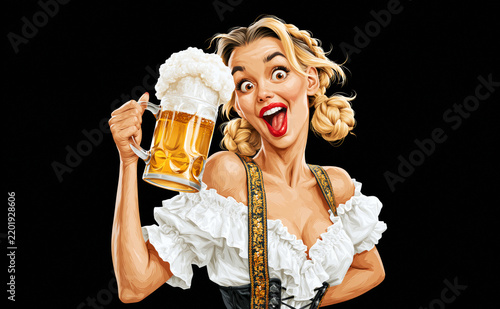 Illustration of playful blonde woman in dirndl holding overflowing beer mug, Oktoberfest concept