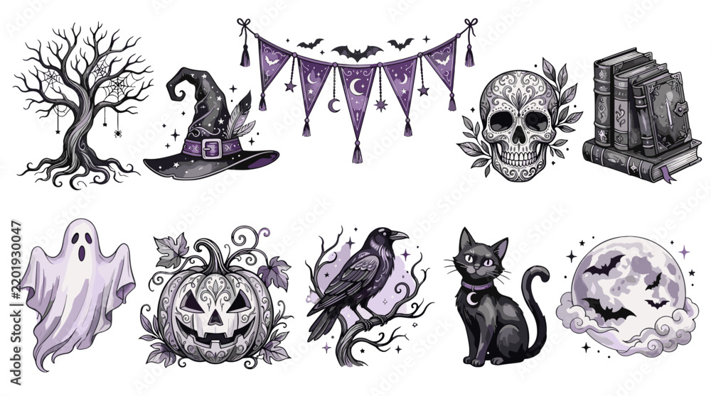 Obraz premium Halloween themed illustrations including ghost pumpkin skull cat raven and witch hat