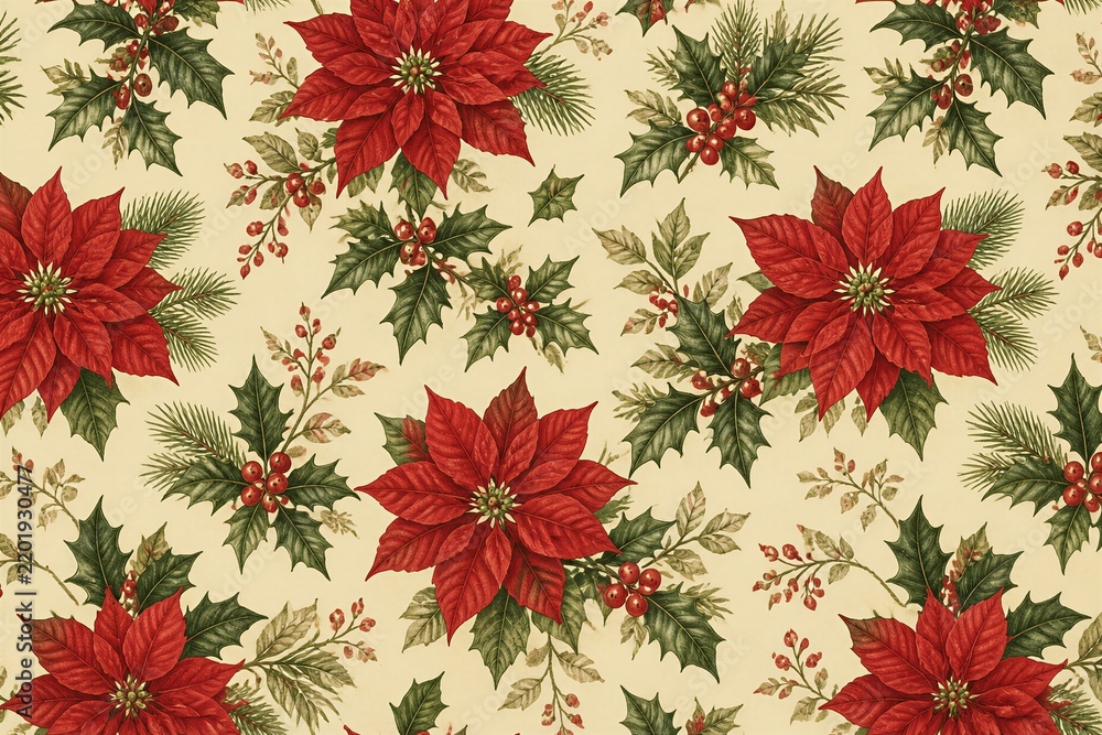 Obraz premium Poinsettia floral pattern repeated on vintage cream background
