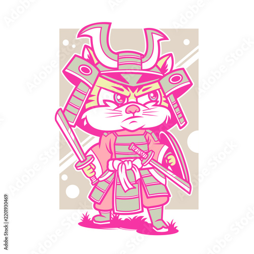 Cute Japanese Samurai Cat Mascot Illustration Vector