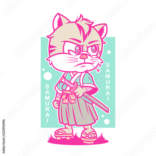Title: Cute Samurai Cat Warrior Vector Illustration with Katana Sword and Kimono70 Keywords: