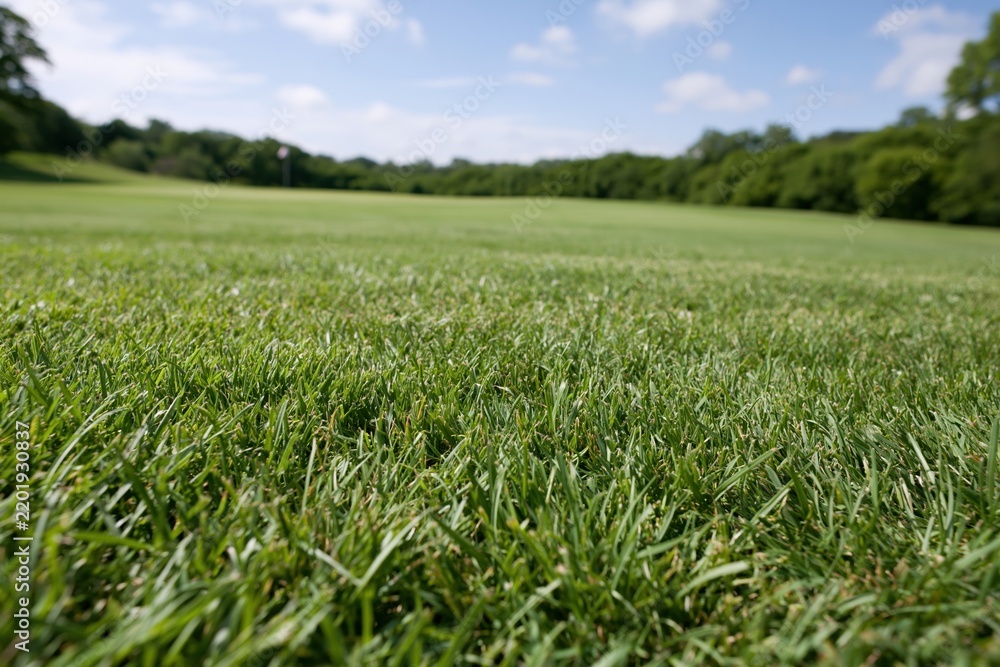 Fototapeta premium The Grass Field in Sunlit Open Parkland Under a Bright Blue Sky