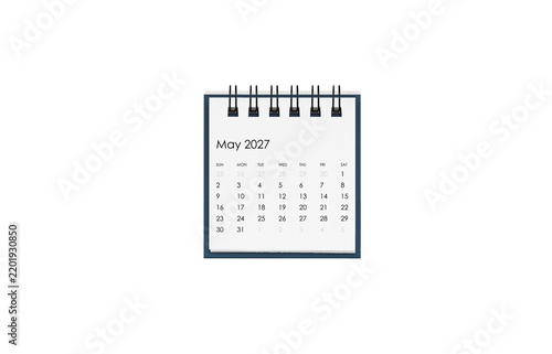 Minimalist desk calendar page showing May 2027. High-quality studio shot isolated on white background. Ideal for business appointments, time management blogs, and office stationery catalogs.