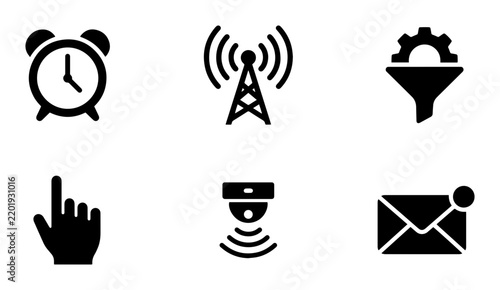 Modern Technology Icons Set: Alarm Clock, Network Tower, Filter Funnel, Hand Pointer, Security Camera, Email Notification, Vector Graphics for Digital Concepts