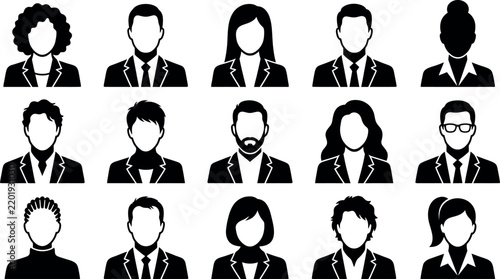 Collection of diverse faceless business people in suits and formal wear icons