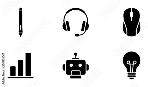 Modern Technology Icons Set: Stylized Vector Graphics for Digital Concepts, Gadgets, and Innovation, Featuring a Stylus Pen, Headphones, Computer Mouse, Bar Chart, Robot Head, and Lightbulb