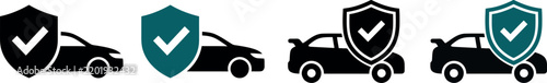Car insurance protection set with shield and check mark icons for automotive safety