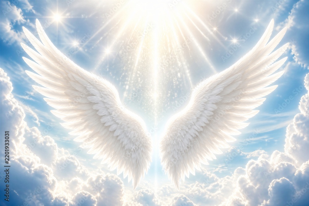 Obraz premium Pair of angel wings glowing beneath radiant celestial light