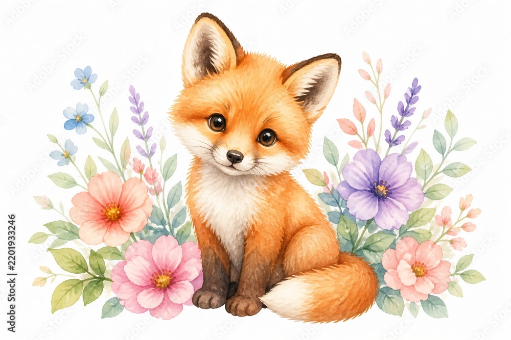 Obraz premium Young fox sitting among watercolor floral arrangement