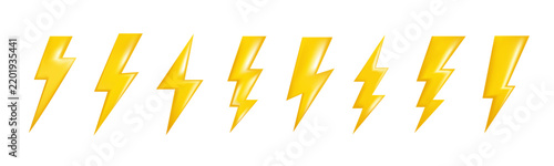 Abstract 3D yellow lightning bolt symbol set for electricity, energy, power, charging, warning, weather and technology design