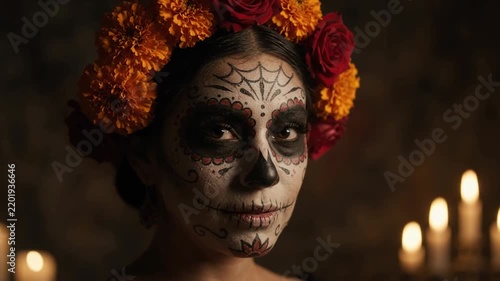 High-fashion La Catrina beauty portrait with intricate makeup and floral crown, vibrant marigolds and roses adorn head, dark background adds depth to elegant style.