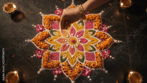 Kinetic floral rangoli creation with vibrant colors and decorative elements during Diwali celebration. Expertly crafted rangoli design features intricate patterns and rich textures