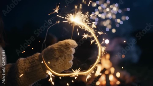 Sparkler light painting during Guy Fawkes Night celebration in autumn with vibrant lights illuminating dark background. Hand holding sparkler creates dazzling light shapes in festive atmosphere.