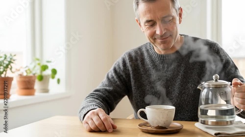 Man pouring hot water into cup while enjoying peaceful morning at home. Steaming cup ready for tea or coffee, creating cozy atmosphere.