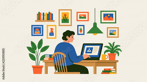 Home workspace concept faceless man figure viewed from behind seated at a laptop in a cozy decorated interior comfortable remote work accents european figure accents bright clean