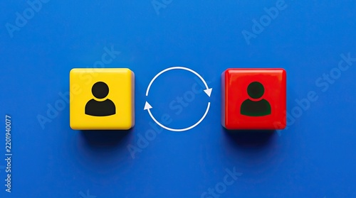 Two colored cubes with icons connected by circular arrow on blue background with indicating interaction exchange connected bidirectional cubes user communication illustration professional shapes