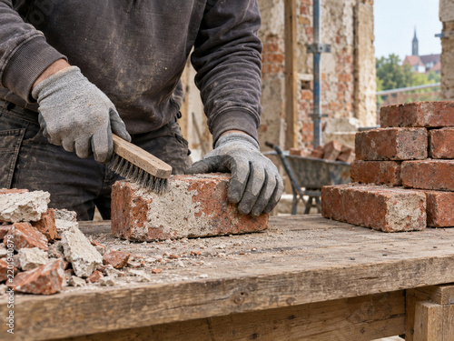Worker Cleaning Reclaimed Bricks for Reuse in Circular Construction
