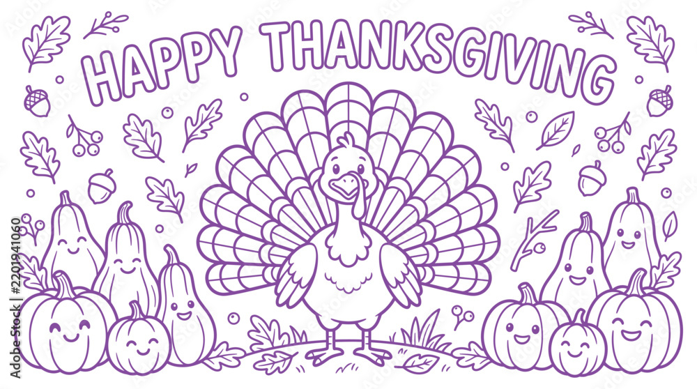 Fototapeta premium Coloring page with happy thanksgiving text, a turkey, and cute smiling pumpkins and gourds for kids to color on white