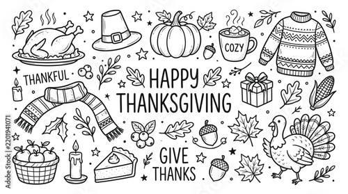 Hand drawn doodle set for thanksgiving featuring roasted turkey, pumpkin, cozy sweater, scarf, pie, and autumn harvest