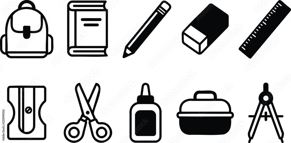 Fototapeta premium School and stationery supply icon set featuring backpacks, books, pencils, erasers, rulers, scissors, and glue on a white background