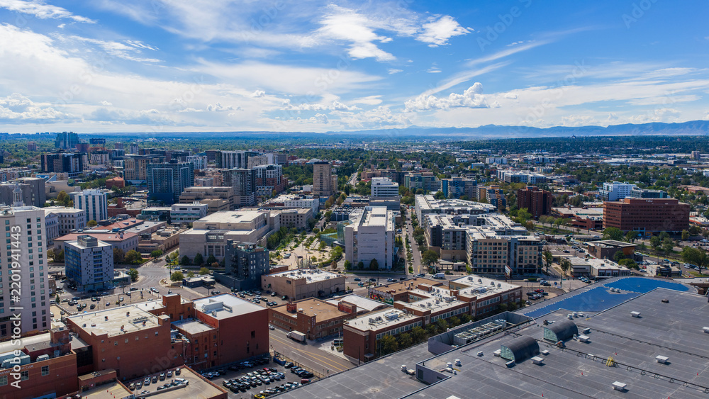 Fototapeta premium Aerial shot of apartments and office buildings in the skyline in Denver Colorado USA