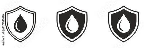 Drop icons vector illustration featuring water drops and shield symbols for water safety, protection, insurance security, conservation, and modern outline graphics