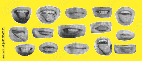 Trendy halftone collage with pop art face fragments, vibrant mouth stickers, retro patterns and abstract graphic elements in vintage magazine style