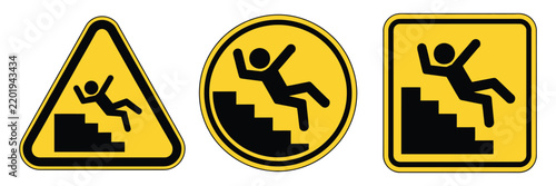 Falling off stairs warning sign vector featuring a person tripping down steps for slippery surface caution, industrial safety, and workplace accident prevention