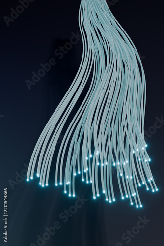 Wavy 3D fiber optic strands cascading downward