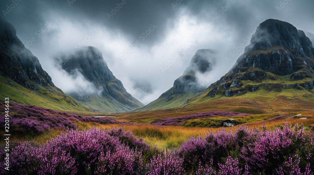 Naklejka premium Misty Scottish highlands with purple heather fields in autumn. Dramatic mountains rise from a green valley under cloudy skies, creating a moody landscape.