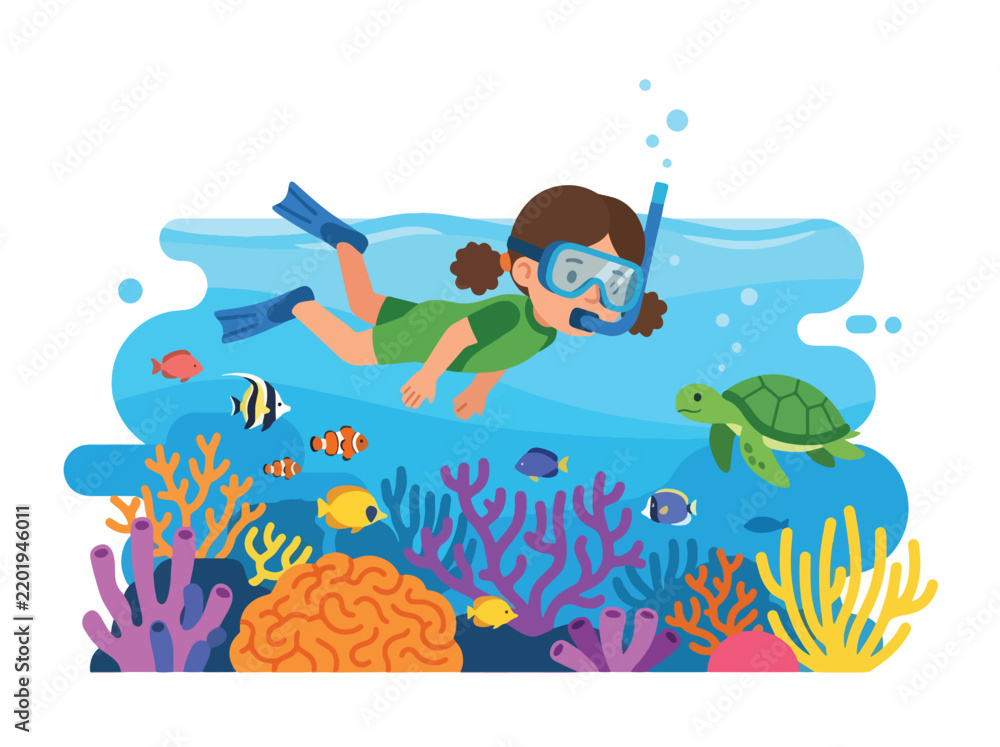 Fototapeta premium Flat style vector of a young girl diving underwater alongside tropical fish and a sea turtle near corals. Perfect for marine conservation and eco-tourism designs