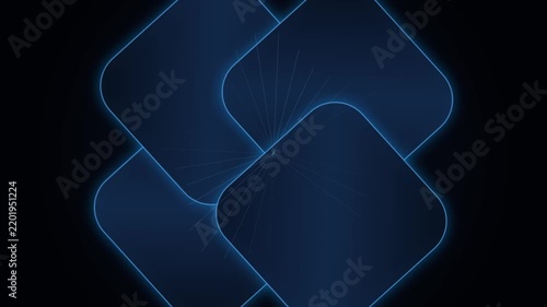 Futuristic neon blue geometric loop animation featuring glowing rounded squares rotating slowly with thin radiating lines on a dark background