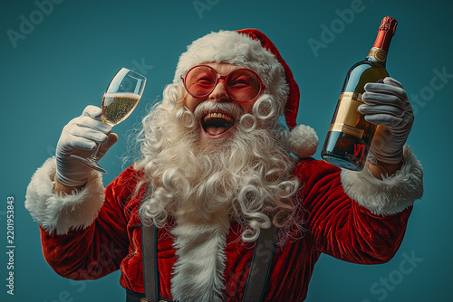 Drink and Santa claus scene featuring glass and sparkle in a distinctive visual composition. Champagne Bottle expressed . Elements include culture, xmas, sunglass, christmas and white beard.